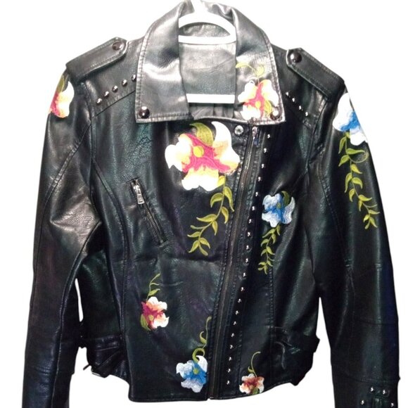 VINTAGE Women's Leather Motorcycle Jacket Med Black Floral Embroidered Zip-Up - Picture 2 of 10